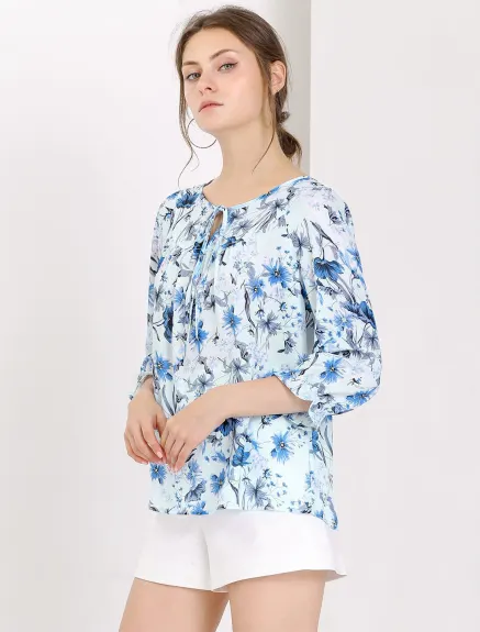 Allegra K- Tie V Neck Ruffled 3/4 Sleeve Floral Blouse