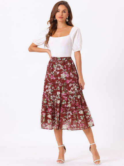 Allegra K- Floral Tiered A-Line Long Chiffon Skirts