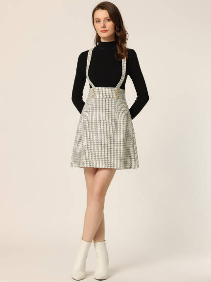 Allegra K- Plaid Tweed Adjustable Straps Overall Skirt