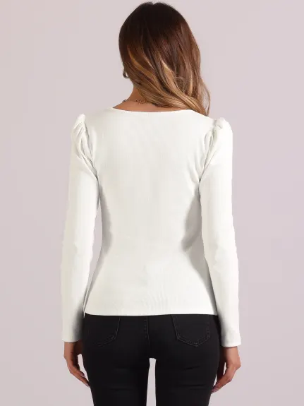 Allegra K - Square Neck Long Sleeve Ribbed Knit Top