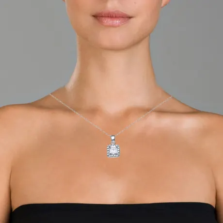 Genevive Sterling Silver with Colored Cubic Zirconia Asscher Cut Square Framed Drop Pendant Necklace