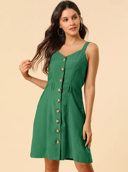 Allegra K- Belted Spaghetti Strap Button Dress