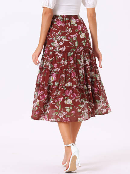 Allegra K- Floral Tiered A-Line Long Chiffon Skirts