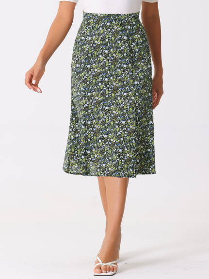 Allegra K- Elastic Waist A-Line Midi Leave Print Skirt