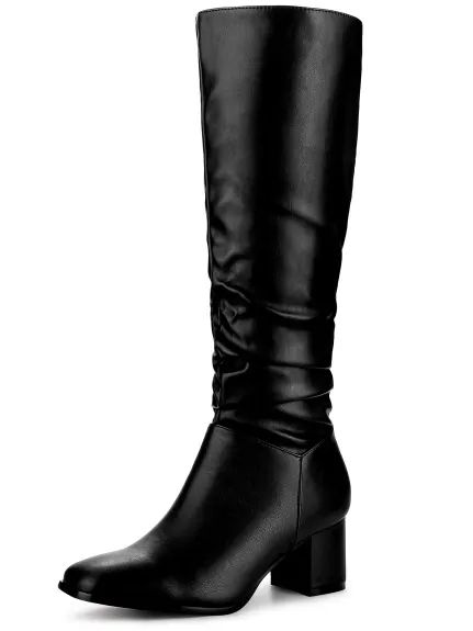 Allegra K - Slouch Square Toe Block Heel Knee High Boots