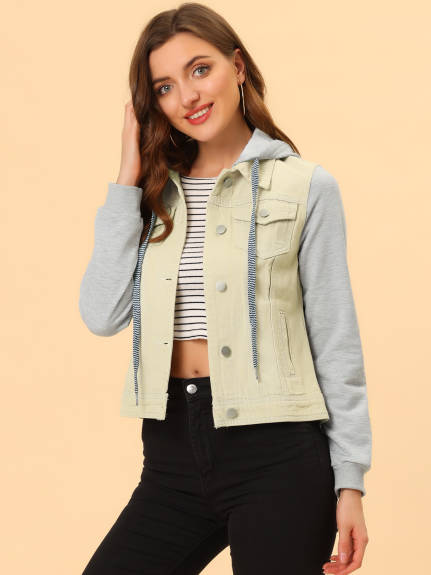 Allegra K- Drawstring Hood Denim Jean Jacket