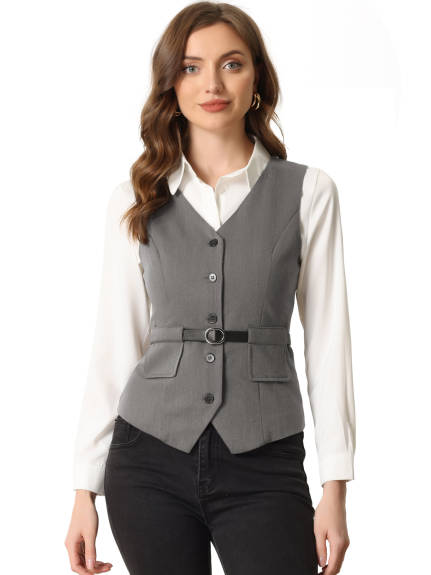 Allegra K- Button Up Belt V Neck Waistcoat