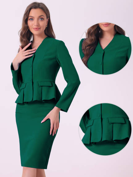 Allegra K - Collarless Peplum Blazer Skirt Business Suit