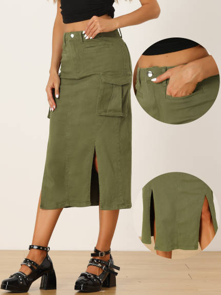 Allegra K- Cargo Split Hem Denim Midi Skirt