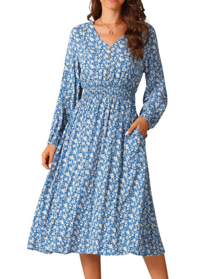 Allegra K - Floral V-Neck Long Sleeve Midi Dress