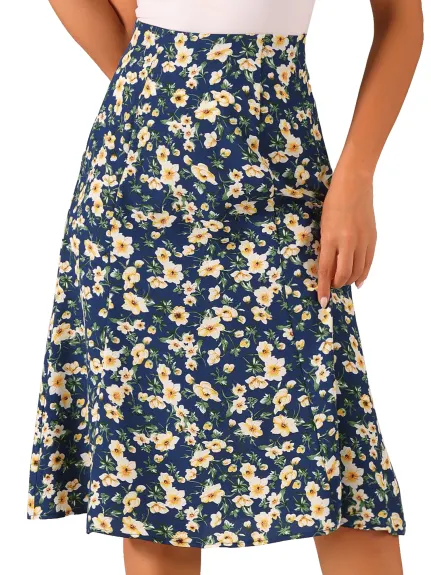 Allegra K- Elastic Waist A-Line Midi Leave Print Skirt