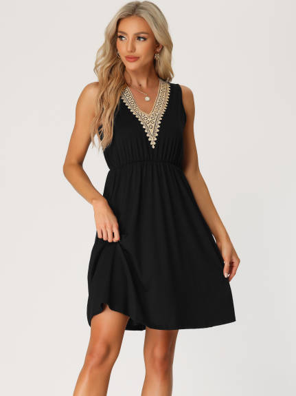 cheibear - Sleeveless V Neck Lace Trim Pajamas Dress