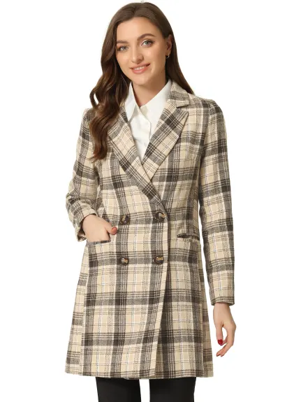 Allegra K- Notched Lapel Double Breasted Plaid Blazer