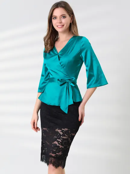 Allegra K- Blouse à basque portefeuille en satin à manches 3/4 avec nœud papillon à la taille