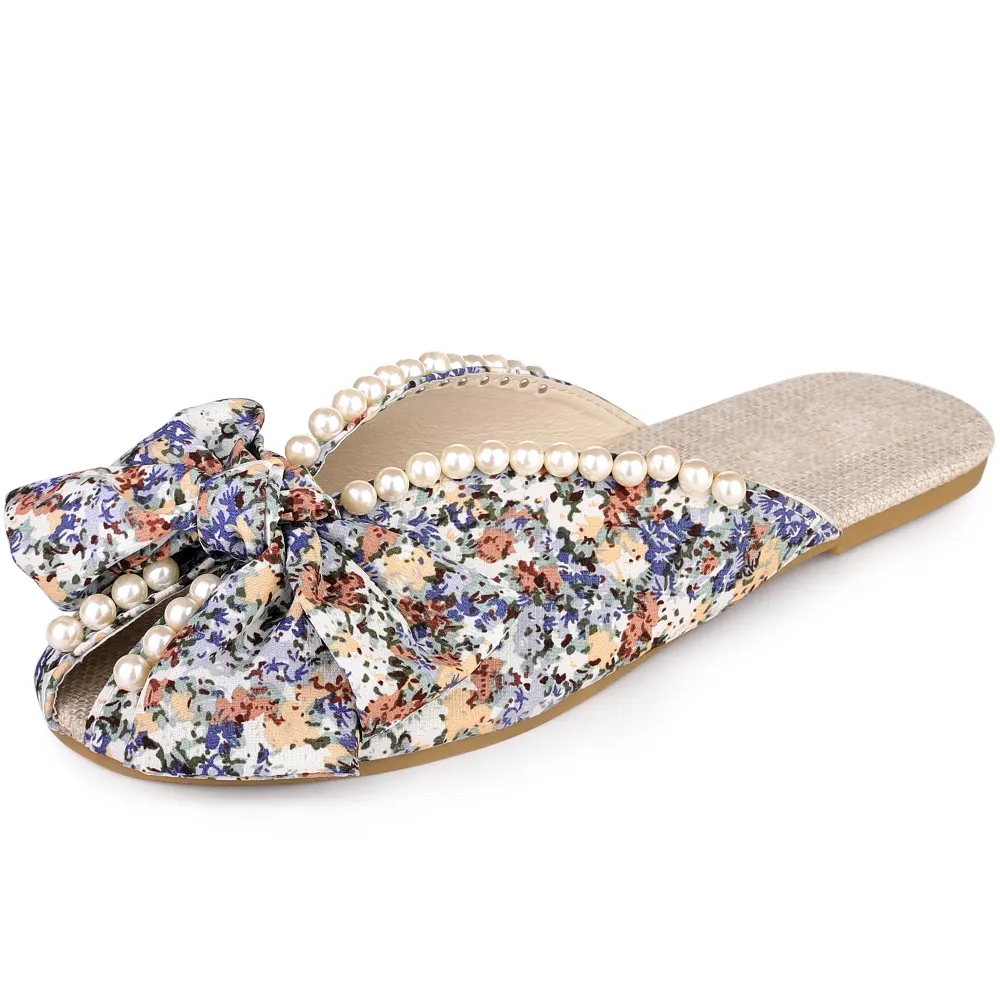 Allegra K - Floral Print Peep Toe Slip-on Pearl Flat Slides