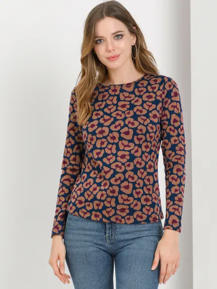 Allegra K- Leopard Round Neck Sweatshirt