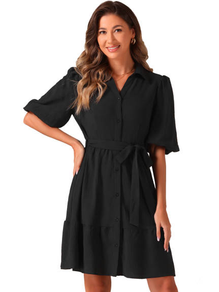 Allegra K - Robe chemise à manches bouffantes ceinturée