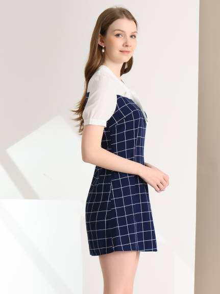 Allegra K- Plaid Panel Tie Neck Puff Short Sleeve Dress