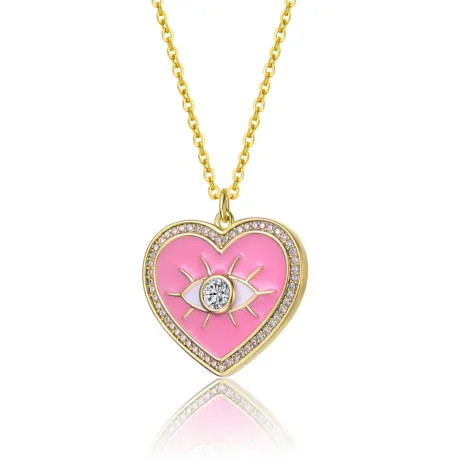 Plaqué or jaune 14 carats avec pendentif cœur en émail rose avec zircone cubique transparente