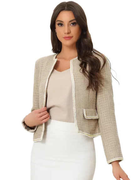 Allegra K- Plaid Tweed Open Front Short Blazer