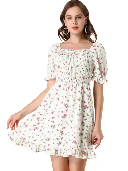 Allegra K- Puff Sleeve Square Neck Ruffled Hem Floral Smocked Dress