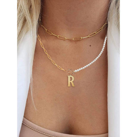 Rachel Glauber 14K Gold Plated Initial "R" Pearl Link Chain Necklace