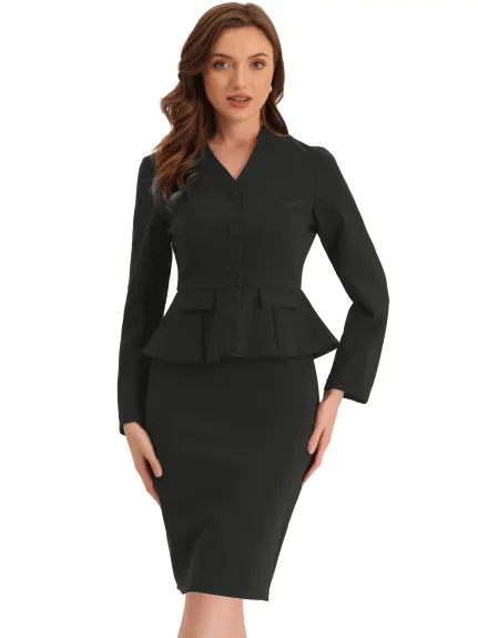 Allegra K - Collarless Peplum Blazer Skirt Business Suit