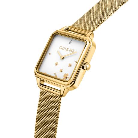 OUI & ME-Harmonie 28mm 2 Hand Square White Flower Dial Watch With Yellow Gold Mesh Bracelet