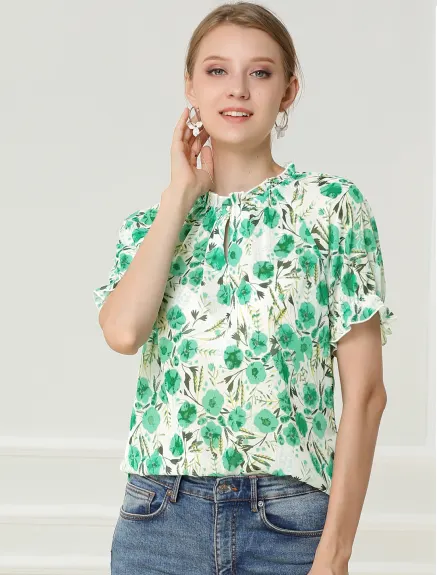 Allegra K- Floral Short Sleeve Ruffle Neck Blouse