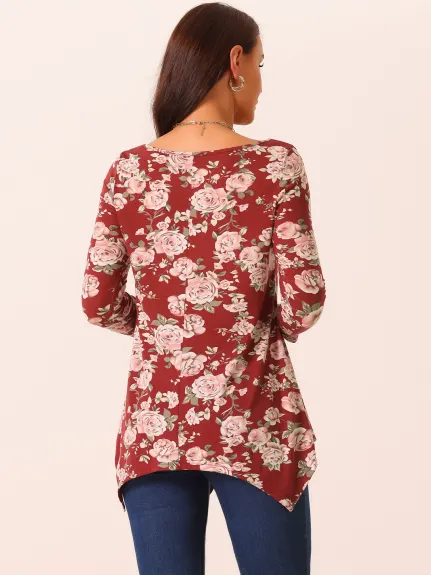 Allegra K - Floral 3/4 Sleeve Asymmetrical Tunic Top