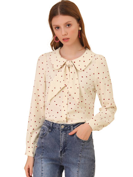 Allegra K- Bow Tie Collar Blouse Heart Print Shirt