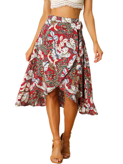 Allegra K- Floral Boho Wrap Midi Skirt