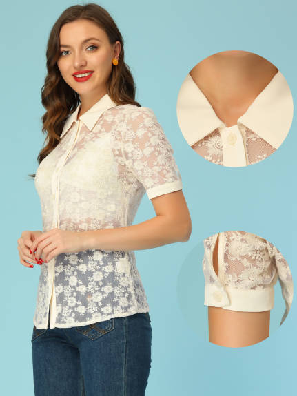 Allegra K- Floral Lace Semi Sheer Button Down Blouse