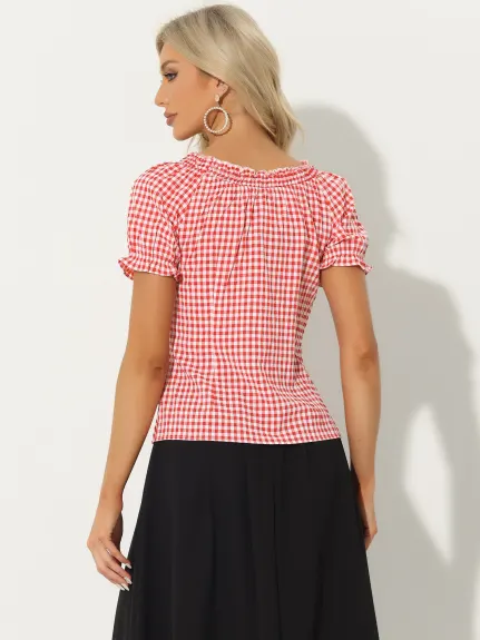 Allegra K- Plaid Round Neck Puff Sleeve Top