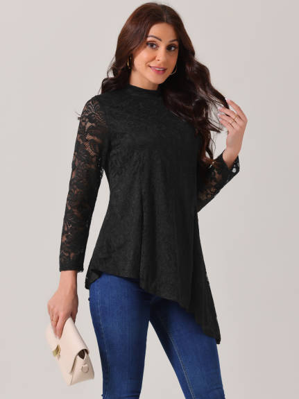 Allegra K - Lace Long Sleeve Mock Neck Blouse