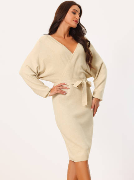 Allegra K - Deep Wrap V Neck Belted Sweater Dress