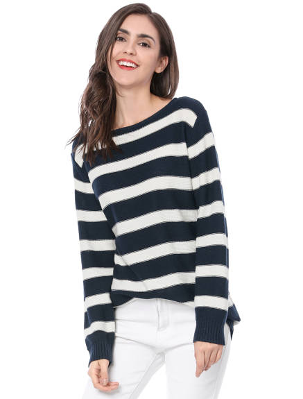 Allegra K- Round Neck Drop Shoulder Loose Striped Tunic Sweater