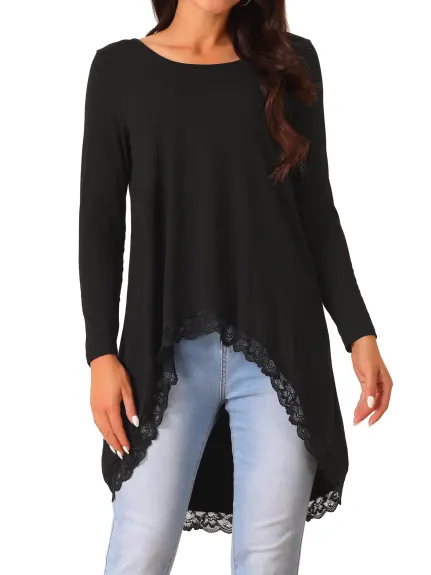 Allegra K - Long Sleeve High Low Lace Trim Blouse