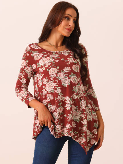 Allegra K - Floral 3/4 Sleeve Asymmetrical Tunic Top