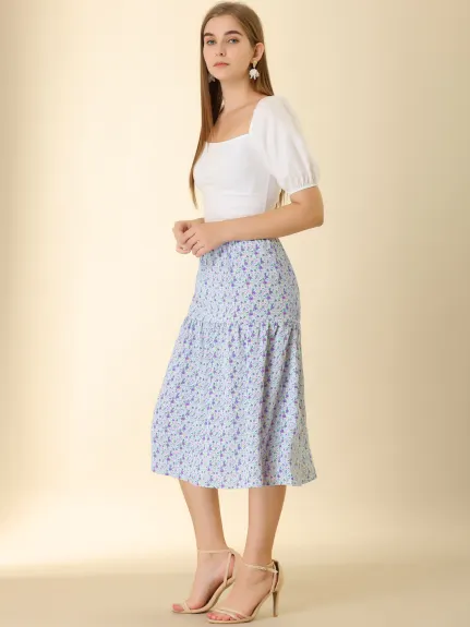 Allegra K- Vintage A-Line Elastic Waist Floral Midi Skirt