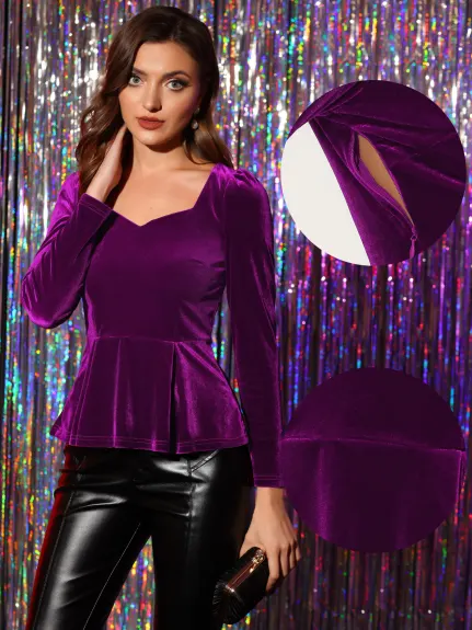 Allegra K- Velvet Sweetheart Neck Long Sleeve Peplum Top