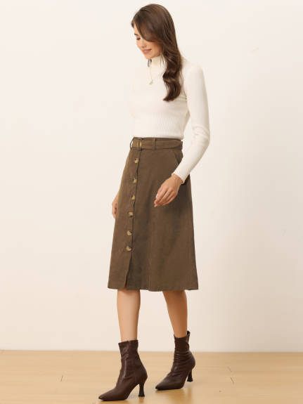 Allegra K - Button Front A-Line Belted Corduroy Skirt