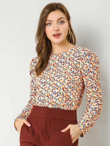 Allegra K- Retro Puff Round Neck Blouse