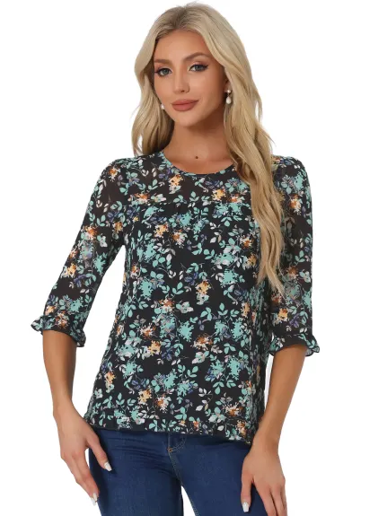 Allegra K- Floral Ruffled 3/4 Sleeve Blouse