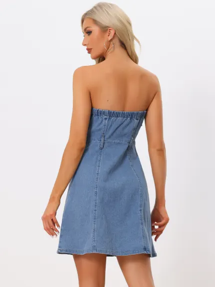 Allegra K - Strapless Sleeveless Tube Denim Dress