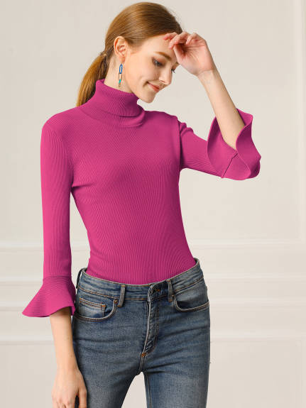 Allegra K- Turtle Neck 3/4 Ruffle Sleeves Pullover Slim Rib Knit Sweater