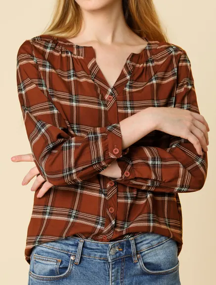 Allegra K- Plaid V Neck Long Sleeve Blouse Shirt