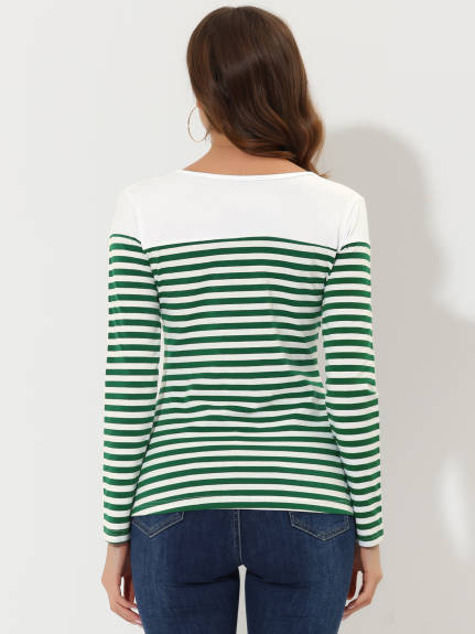 Allegra K- Color Block Long Sleeve Stripe T-Shirt