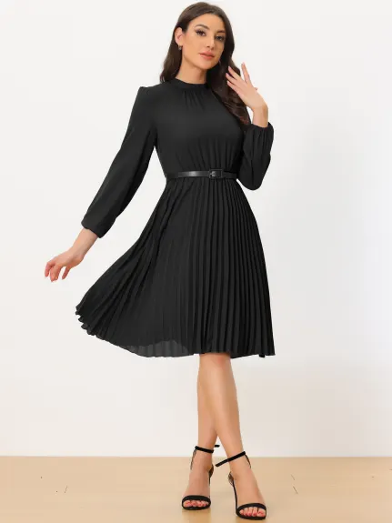 Allegra K- Elegant Long Sleeve Pleated Midi Shirt Dress