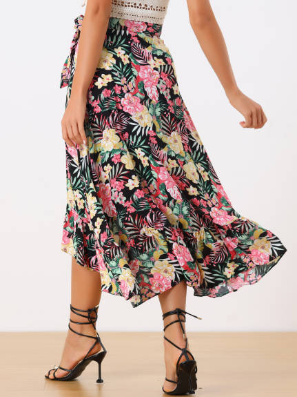 Allegra K- Self Tie Split Ruffle Wrap Midi Skirt